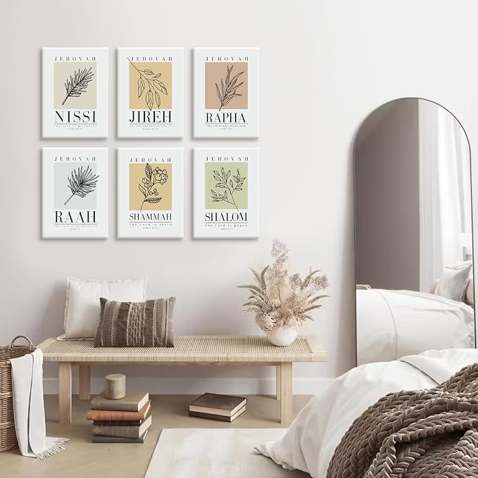 Bible Wall Art Print Set of 6 Christian Scripture Wall Art Decor Jehovah Jireh Rapha Shalom Shammah Nissi Raah Wall Art Bible Verse Poster Modern Minimalist for Bedroom Home 12x16 Inch Wrapped Canvas