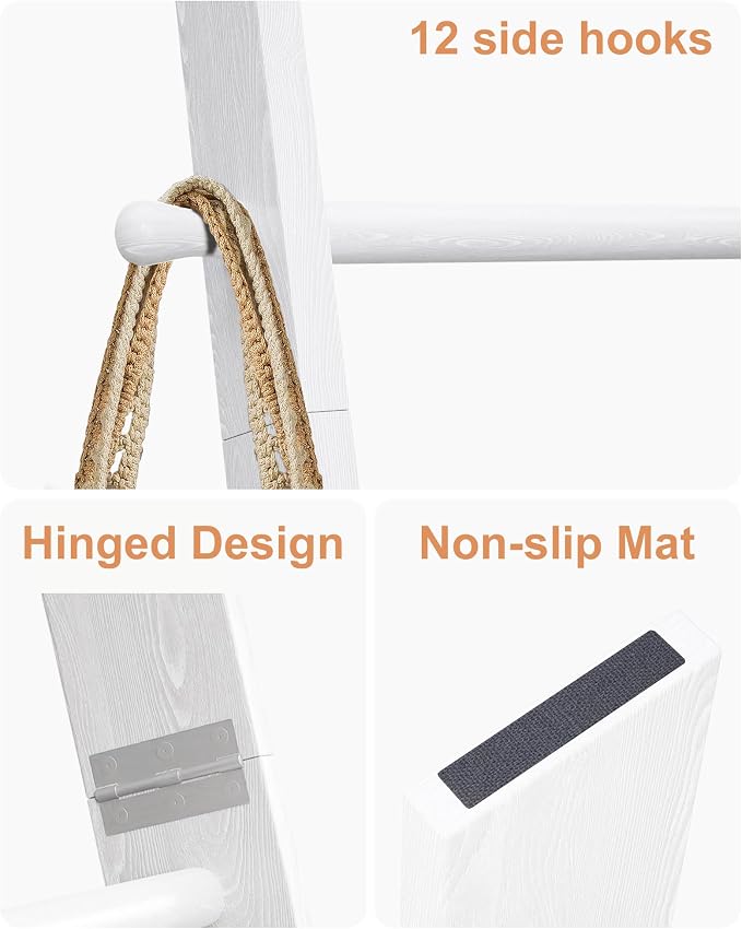 TEAKMAMA 6-Tier 5.4ft Blanket Ladder with Hanging Knobs White | Farmhouse Wall Leaning Solid Wood Scratch & Slip Proof Quilt Rack, Living Room Bedroom Bathroom, Xmas Deco, Easy Setup