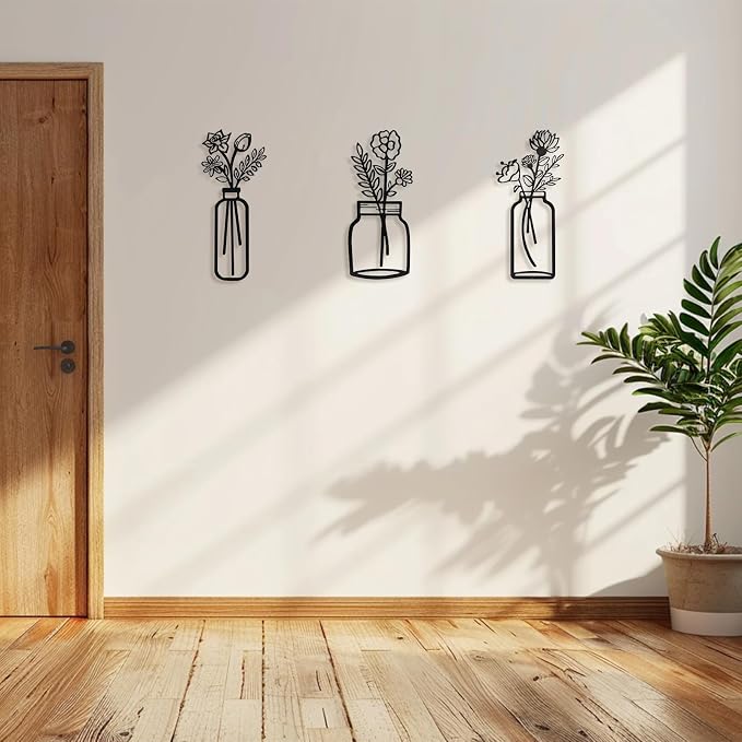 Art3d Metal Wall Art, Set of 3 Black Wall Decor for Bedroom Living Room office Study Hallway, Flower Pattern Minimalist Metal Wall Sculptures | for Bedroom Living Room office Study Hallway, Flower Pattern Minimalist Metal Wall Sculptures