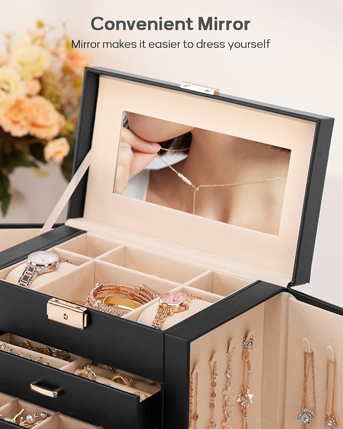 Homde Large Jewelry Box for Women: 5-Layer Organizer with Lock for Dresser | Separated Storage for Necklace Earring Ring Watch to Sort Daily Jewelry - Keep Vanities Tidy - Suitable for Birthday Gift