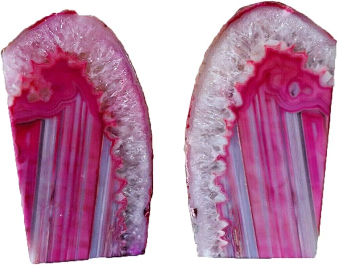 Pink Agate Bookends Heavy Duty Geode Stone Book End Holders Decorative | Polished Stone Book Stoppers Supports Home Office Decor with Rubber Bumpers Dyed Pink 1 Pair, 3-4 LBS