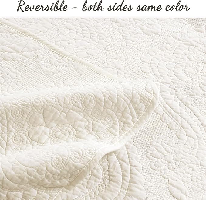 Cozy Line Home Fashions Ivory Cotton Quilt Set – 3-Piece Quilted Damask Medallion Bedspread with Shams, Textured All Season Elegant Bedding, King