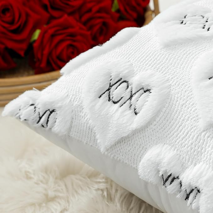 Artscope Valentines Pillow Covers 12x20 Set of 2 Decorative Love Heart XOXO Valentine's Day Throw Pillow Cases Soft Plush Faux Fur Couch Cushion Case for Holiday Sofa Bed Room Home Decor-White XOXO