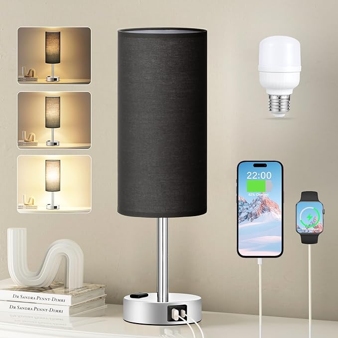 Fenmzee Black Bedside Lamp for Bedroom, Dimmable Touch, USB A+C, AC Outlet