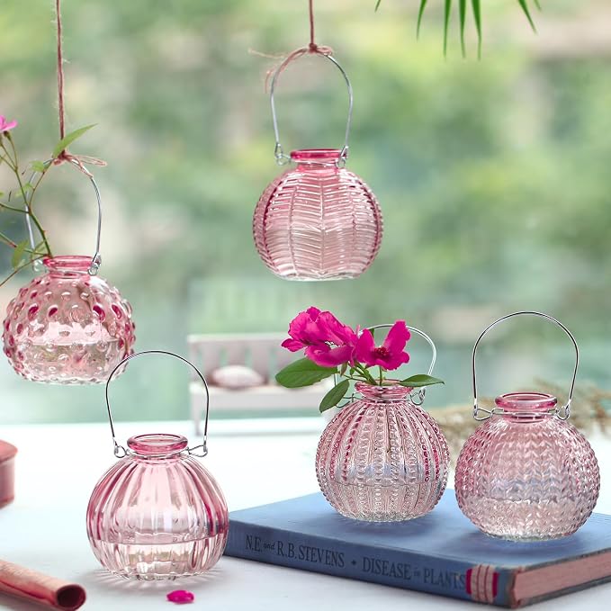 ELEGANTTIME Single Glass Bud Vase Pink Vases for Centerpieces Decor Glass Flower Vase Bottle with Crok Wire Iron Handle Design for Cafes, Office Table, Home and Garden