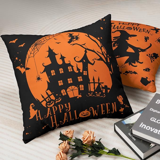 Happy Halloween Pillow Covers 18x18 Set of 2 Witch Castle Spider Web Decorative Pillows Covers Orange and Black Pillow Covers Halloween Decoration for Living Room Sofa