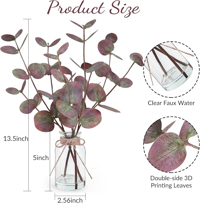 Bessol Artificial Eucalyptus Stems in Glass Vase with Faux Water, 14" Fake Plants for Home Decor, Coffee Table Centerpieces, Office, Bathroom & Farmhouse Weddings - Faux Plants Decorations