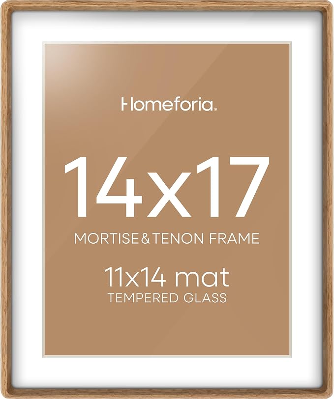 Homeforia 14x17 Mortise&Tenon Natural Oak Picture Frame, 11x14 Mat, Glass