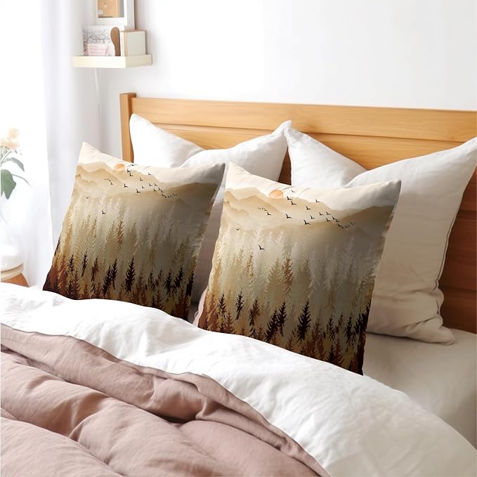 Fall Misty Forest Throw Pillow Covers 18x18 Inch Set of 2 Brown Mountain Woodland Decorative Pillow Cases Nature Pine Trees Farmhouse Cotton Linen Square Cushion Cover for Home Sofa Couch Bed Patio