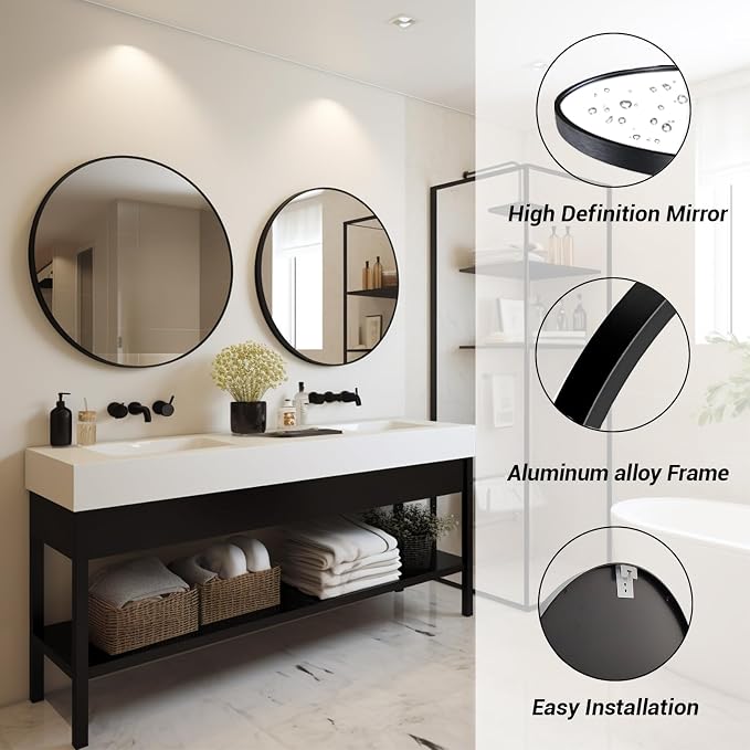 Large Round Mirror 38 inch, Black Circle Mirror, Matte Metal Frame | Matte Black Metal Frame, High Definition, Waterproof, Easy Installation, Suitable for Dressing Room, Cloakroom, Bedroom,