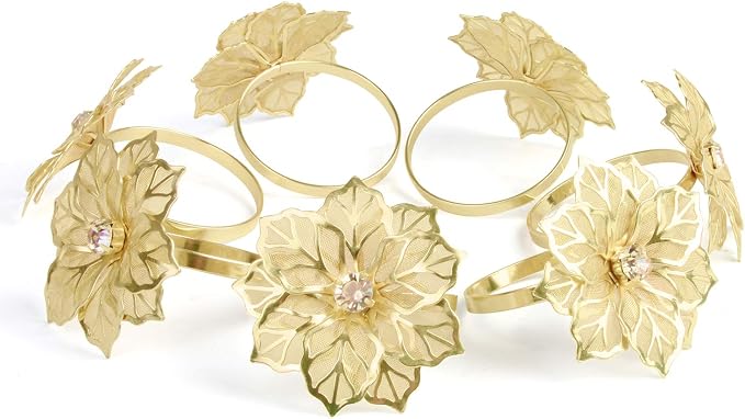 Picowe Set of 12 Alloy Napkin Rings with Hollow Out Flower Napkin Ring Holders for Wedding Party Holiday Banquet Christmas Dinner Delicate Serviette Buckles Decor Favor (Gold)
