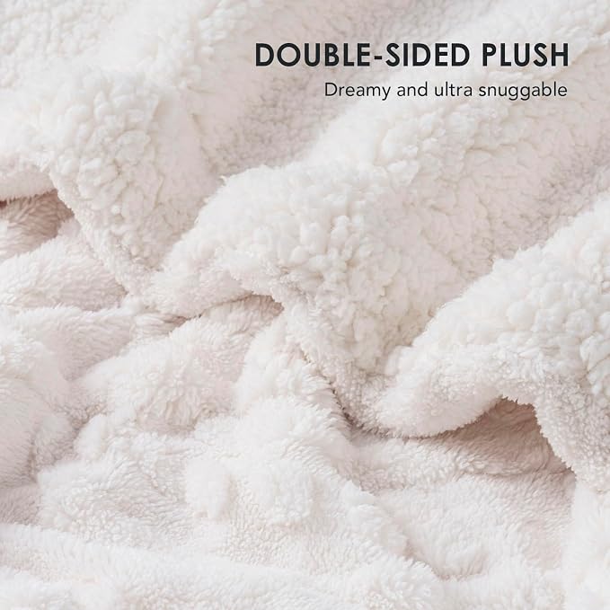 EverGrace Jacquard Reversible Sherpa Throw Blanket, 50" x 60", Bleach White | Jacquard Sherpa Throw Blanket, Super Soft, Cozy Plush Blanket, Reversible Thick Warm Throw for Bed, Sofa, Living Room