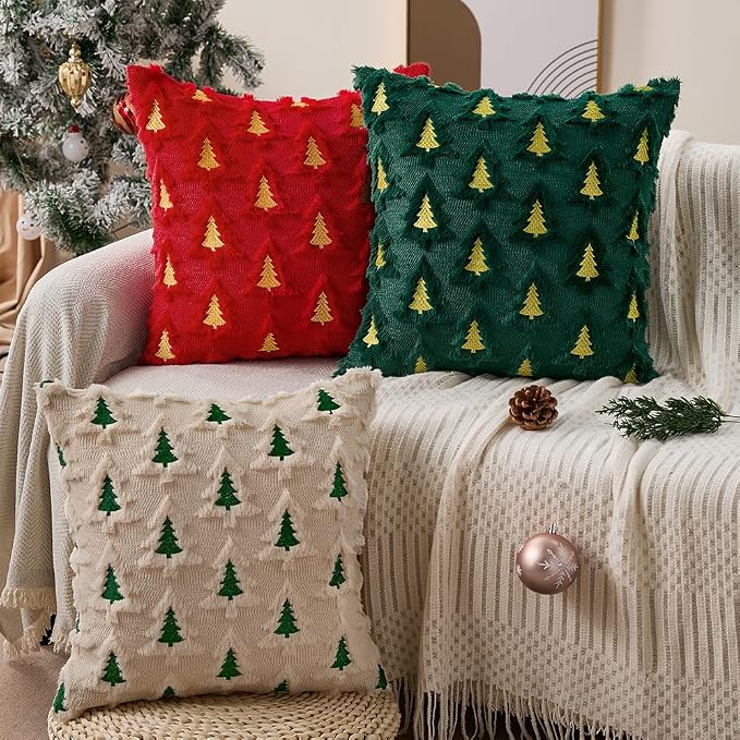 Allorry Christmas Pillow Covers 20x20 Set of 2 Beige Double Xmas Tree Pillow Covers Soft Plush Faux Fur Christmas Decorations for Xmas Winter Holiday Home Bedroom Sofa Cushion Cases PT-008C20