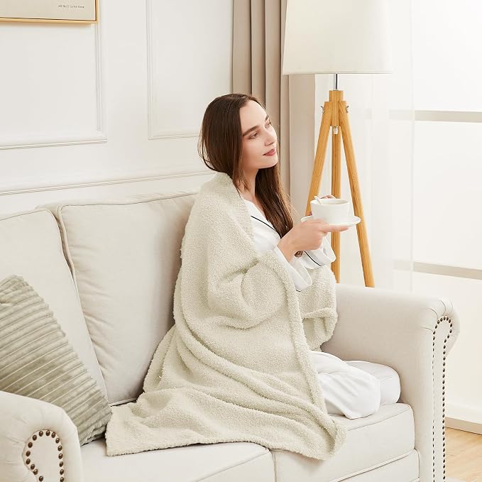 CYMULA Super Soft Knit Throw Blanket Throw Size Beige - Lightweight Plush Fuzzy Fluffy Warm Cozy Blankets and Throws for Sofa Bed All Season Use, 50x60 inches