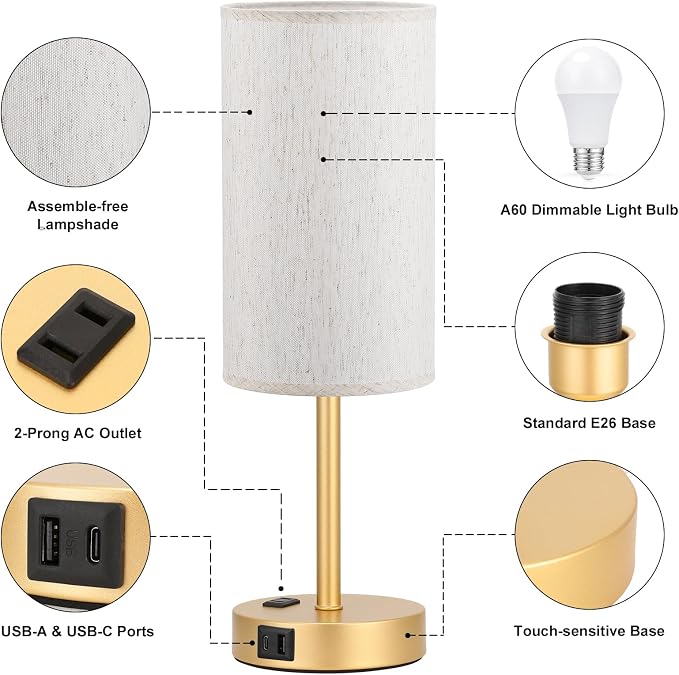 Fenmzee 17.4" Gold Lamp for Bedroom - Dimmable Touch, USB A+C, AC Outlet