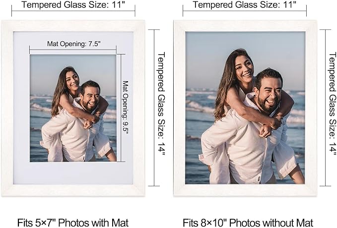 11x14 Picture Frame-White,8x10 Mat,Tempered Glass,Engineered Wood