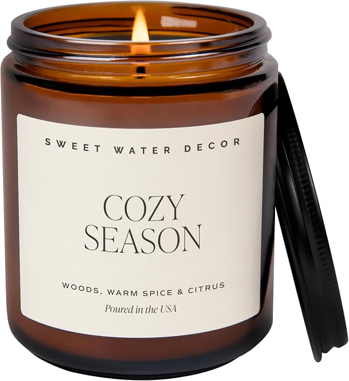 Sweet Water Decor Cozy Season Fall & Winter Candle, 9oz Amber Jar Black Lid