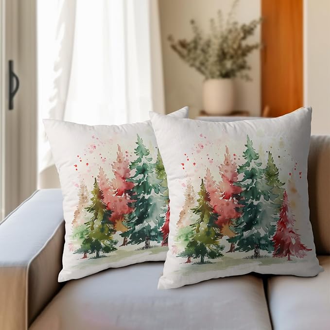 Christmas Tree Outdoor Throw Pillow Cover 18x18 Inch Set of 2 Winter Colorful Pine Tree Cushion Covers Xmas Holiday Theme Accent Pillowcase for Home Bedroom Sofa Patio