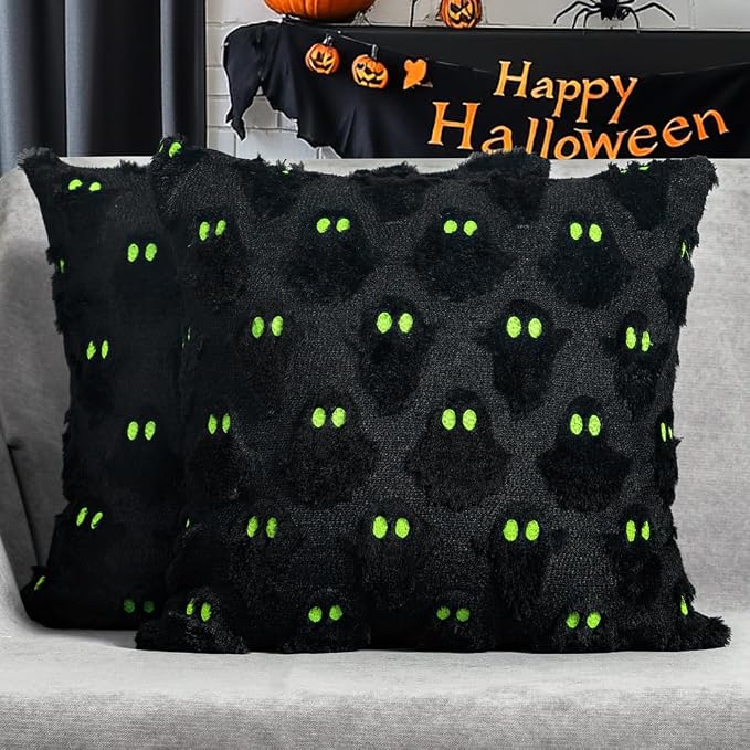 4TH Emotion Halloween Ghost Decorative Pillow Covers 18x18 Set of 2, Black Green Soft Plush Faux Fur Farmhouse Throw Cushion Cases for Fall Autumn Holiday Home Decorations