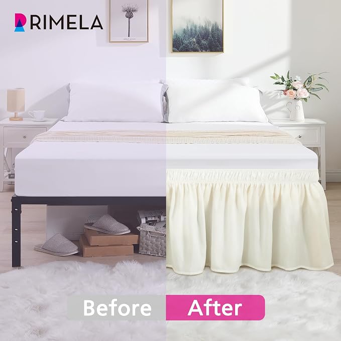 RIMELA Bed Skirts Full Size Cream Dust Ruffle 15 Inch Drop, Wrap Around Elastic Adjustable Bedskirt, Bed Skirt for Adjustable Bed Base, Soft Durable Fabric Machine Washable Easy to Install | Solid Ruffled, Easy to Use, No Mattress Lifting, Wrinkle & Fa...