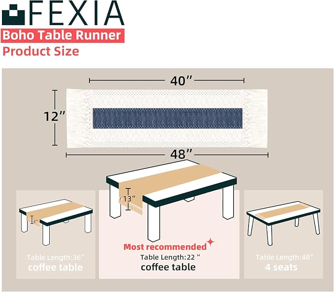 FEXIA Boho Table Runner for Home Decor 12x48 Blue Fall Rustic Decorations | 48 Inches Long with Tassels Macrame Farmhouse Style Party Rustic Wedding Baby Shower Dining Kitchen Living Room Decor
