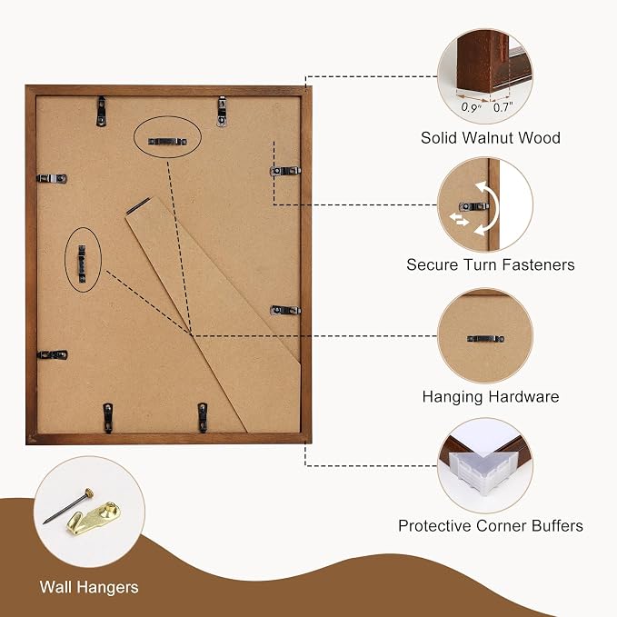 SNAPSHOT 11x14 Picture Frame, Natural Walnut Wood Photo Frame Set with Real HD Glass for Pictures 8x10/5x7 with Mat or 11x14 Without Mat, Gallery Poster Frame for Wall or Tabletop - 2Pcs