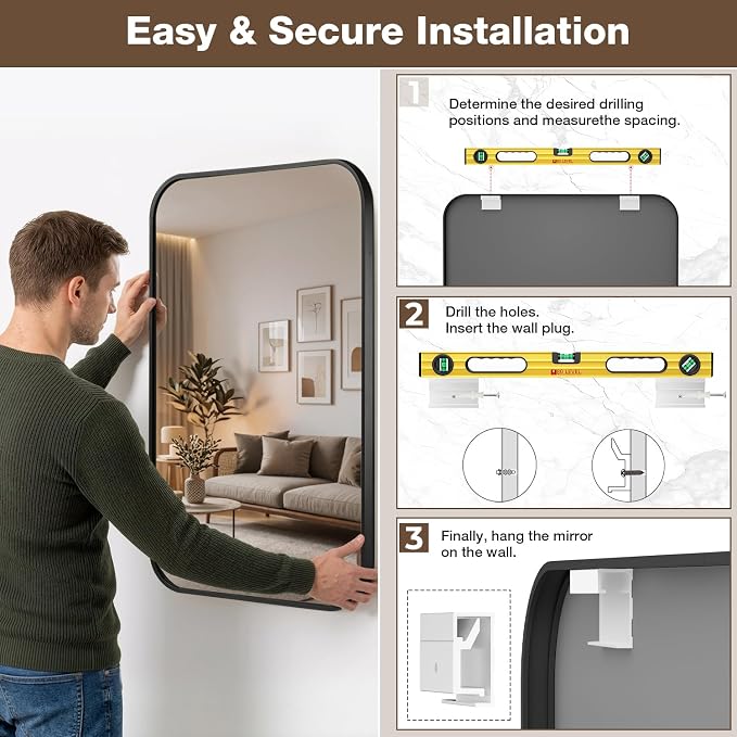16"x24" Bathroom Mirrors for Over Sink, Matte Black Rectangle Vanity Mirror | Aluminum Alloy Frame, Clear Reflection, Rust-Resistant, Vertical or Horizontal, Wall Mount, Bedroom and Entryway