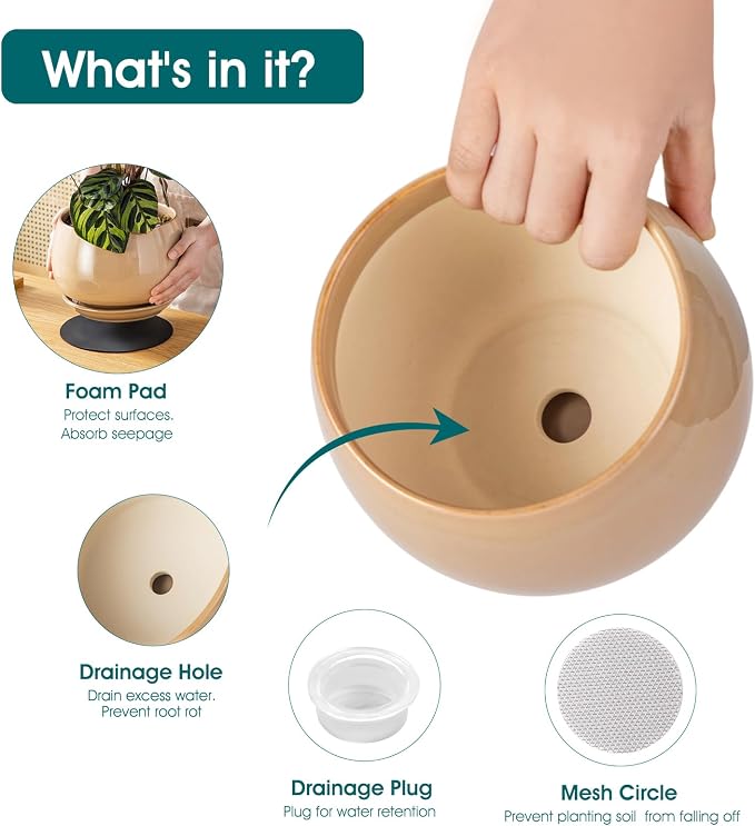 vancasso 3-Pack Ceramic Plant Pots, 3.7/4.8/6.2 Inch Indoor Planters with Saucers & Drainage Hole Planter pots for Indoor Plants and Flower, Brown