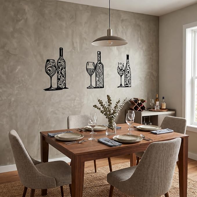 Otoolling 3 Pcs Wine Wall Art Black Metal Wine Sign 3 Style Modern Metal Bar Decor for Wall Drinker Gift for Dining Room and Entertaining Spaces(Filigree)