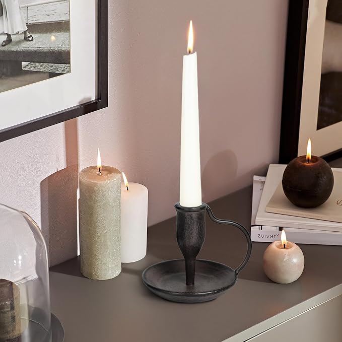 Matte Black Iron Candle Holder with Handle 2 Pcs Taper Candle Sticks Holder
