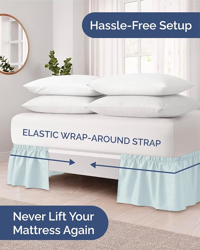Wrap Around Dust Ruffle Bed Skirt - Ice Blue - for Twin Size Beds w/ 9 Inch Drop - Easy Fit Elastic Strap - Adjustable Pleated Bedskirt with Brushed Fabric - Wrinkle-Free - Women, Men, Kids & Teens