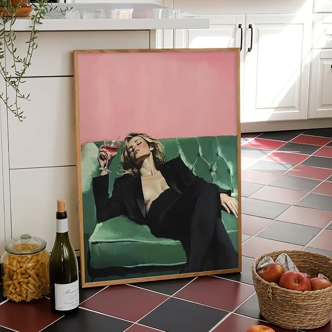 KAQNMY Retro Bar Wall Art Eclectic Cocktail Poster 16x24 Inch Unframed | Vintage Woman Wall Art Funky Victorian Woman on Couch with Martini Picture Trendy Bar Cart Decor for Kitchen Dining Room