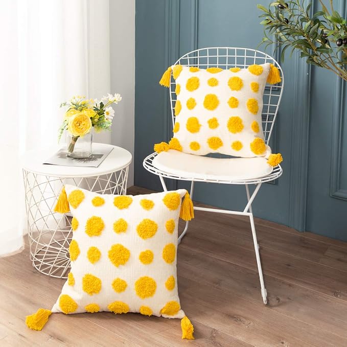 PLWORLD Boho Yellow Pillow Cover 18x18, Tufted Cream Chenille Cushion Case with Pom Poms & Tassels, 1PC Cover Only, No Insert