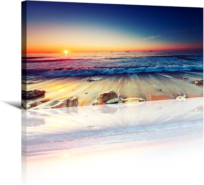 Beach Wall Art Sea Ocean Landscape Picture Print Canvas Wall Art Modern Giclee Artwork Home Decor Stretched and Framed Ready to Hang,2cm Thick Frame, Waterproof Artwork