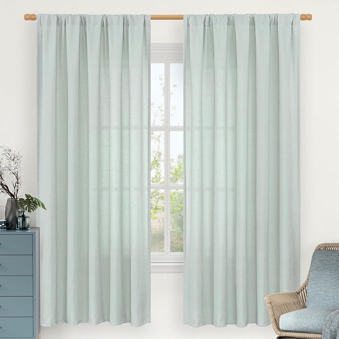Light Blue Linen Curtains 72 inch Length for Living Room, 2 Panels | Linen Textured, Light Filtering Drapes, Semi Sheer, Boho, Neutral, Curtains for Farmhouse, Bedroom, Rod Pocket, 52 x 72 Inch