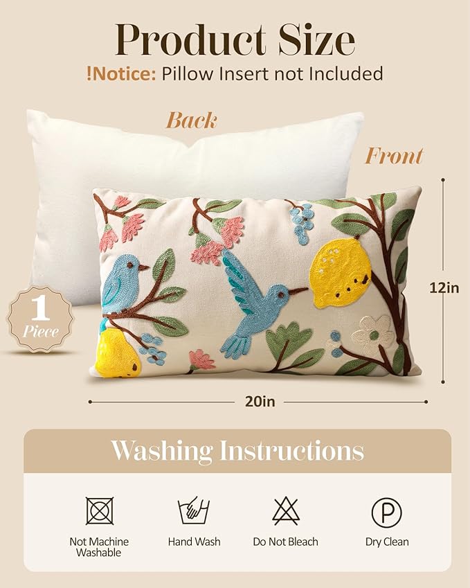 Embroidered Lumbar Pillow Cover 20x12 Inch, Bird Lemon | Decorative Throw Pillow Cover, Farmhouse Cushion Case with Hidden Zipper, Cottagecore Decor for Couch, Sofa, Living Room
