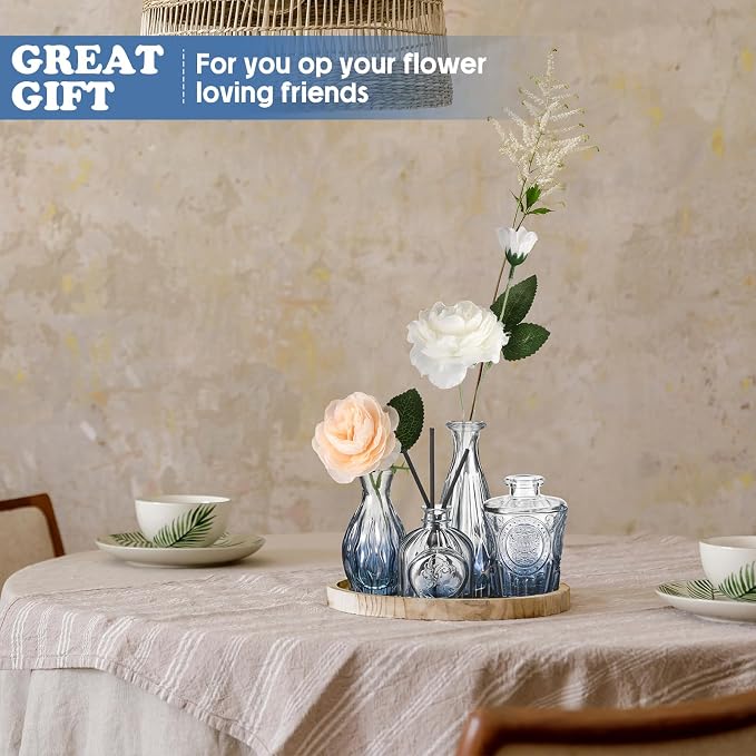 Inbagi 20 Pcs Glass Bud Vase Set - Small Flower Vases Bulk, Vintage Embossed Decorative Bottles for Wedding Valentine Home Table Centerpieces Decor, Gradient Blue
