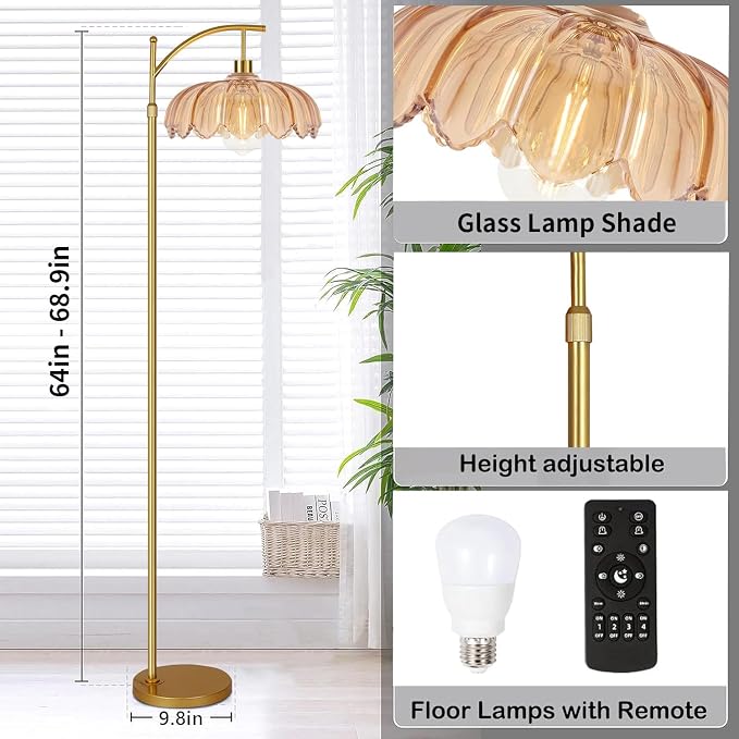 AHDWDW Gold Arc Floor Lamp for Living Room Bedroom,Adjustable Unique Modern Floor Lamps with Remote,Vintage Glass Standing Lamp with Dimmable Bulb,Bright Flower Brass Tall Lamp for Corner Office