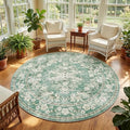 GarveeHome 5ft Washable Round Rug for Dining Room Vintage Bordered Carpet | Leaf Flower Floral Bedroom Throw Rug Distressed Botanical Non-Slip Low Pile Sage Green Area Rug for Living Room Office