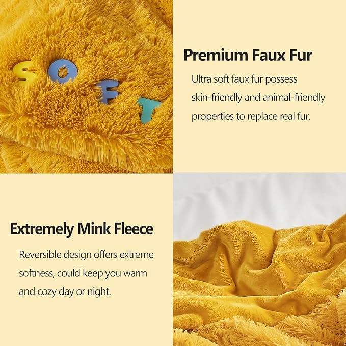 GONAAP Fuzzy Faux Fur Queen Blanket for Couch, Mustard Yellow, 90"x90" | Warm Cozy Plush Shaggy Decorative Reversible Thick Non-Heated Fleece Blanket for Sofa Bed, Gift for Women Men, All Season Use