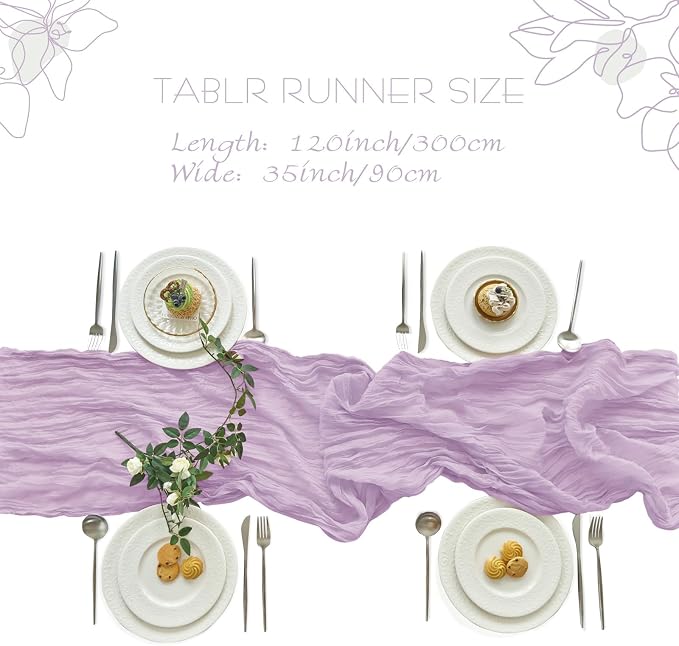 IVAPUPU Purple Table Runner 120 Inch for Wedding Birthday Party Home Decor | 4 Pcs Boho Gauze 10FT Cheesecloth Table Runners for Baby Shower Decorations Summer Garden Farmhouse