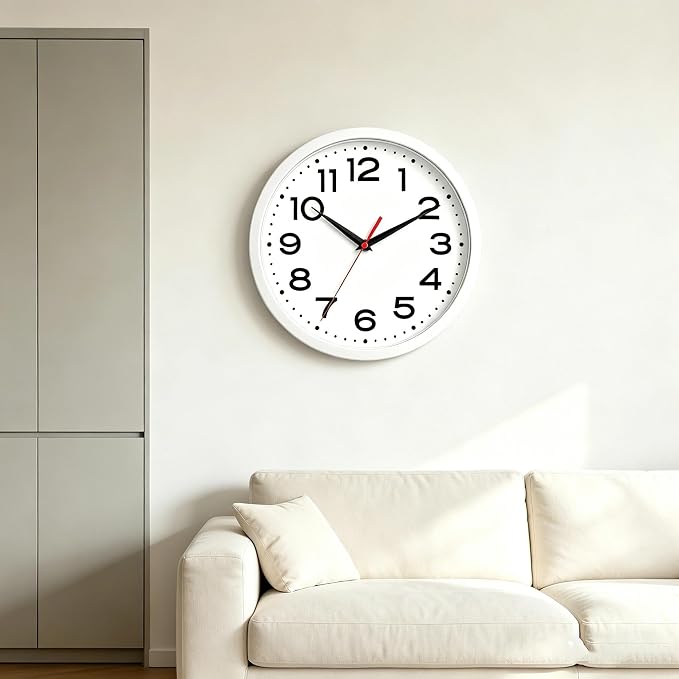 Roymnie 10 Inch Wall Clock, Battery Operated Silent Non Ticking White | analog wall clock; bold numerals for easy reading; silent non-ticking; 1 AA battery (not included); for classroom