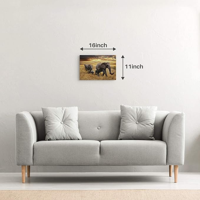 Elephant Family Picture Wall Decor - Yellow Wildlife Migration Painting - Autumn Sunset Artwork - Perfect for Bedroom & Bathroom, 16x12 inches