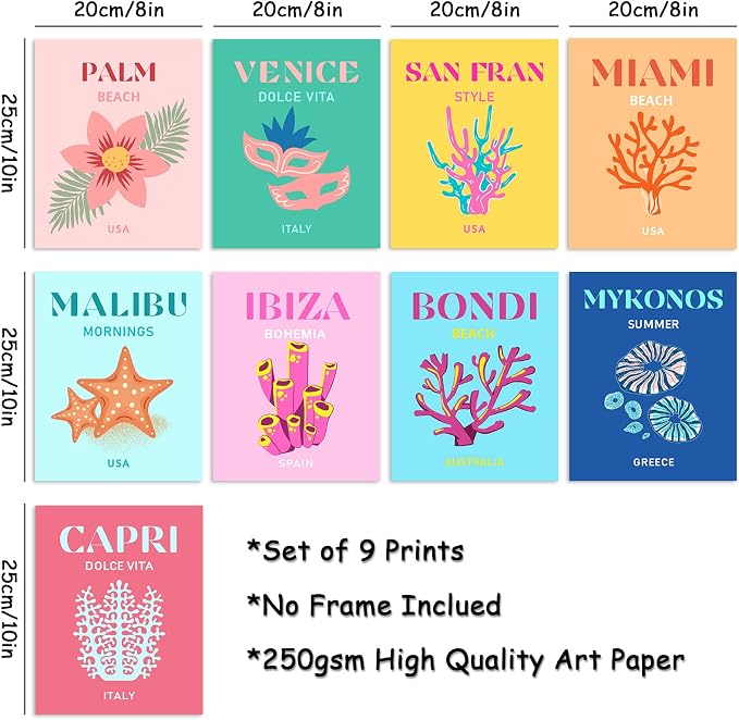 Whaline 9Pcs Preppy Room Decor Aesthetic Travel Wall Art Prints Colorful Abstract Wall Decor Cute Coconut Girl Poster for Clean Girls Teen Bedroom Pink College Dorm Posters(UNFRAMED 8x10in)