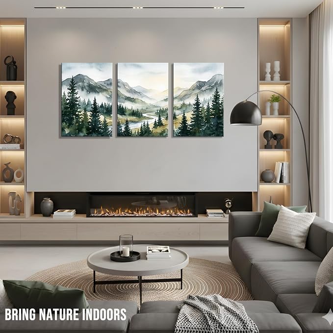 Large Forest Canvas Wall Art for Bedroom Living Room - 3 Piece Greenery Sunrise Mountain Landscape Pictures, Nature Wall Decor for Master Bedroom Office, Abstract Trees Painting Prints, Gallery Wrapped 16x24 Inch