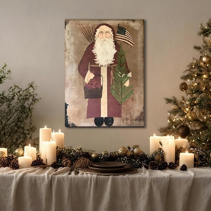 FLZYKGPA Retro Christmas Wall Art Prints 12x18in, Santa Claus Christmas Holiday Canvas, Winter Farmhouse Christmas Poster, Christmas Gallery Wall Decor, Vintage Christmas Decor for Holiday