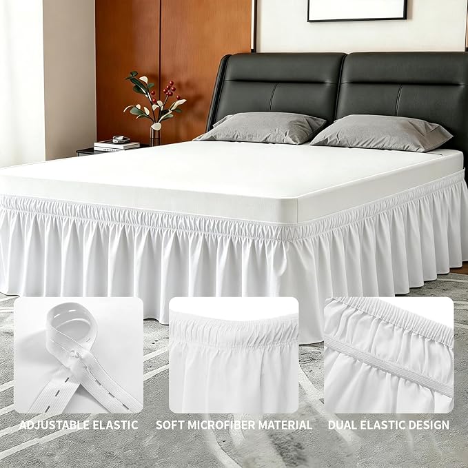 ANARACHON Twin Bed Skirt, Elastic Wrap Around Bed Skirt Twin Size, Bed Skirts for Adjustable Bed, Easy Fit with 14" Drop Length Tailored Drop Dust Ruffle (White)