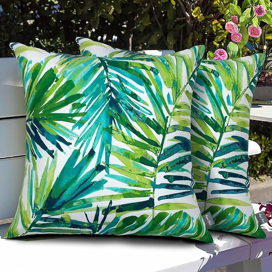 Magpie Fabrics Patio Pillow Covers ONLY 18"x18", Set of 2, Fade-Resistant Outdoor Indoor Decorative Throw Pillowcase Shell for Couch Garden Furniture - Green Palm Leaves