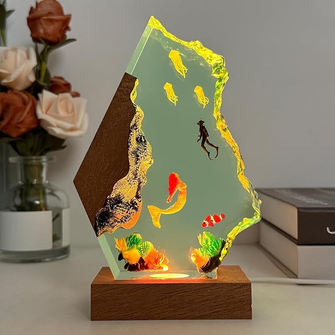 Handmade Mermaid Resin Ocean Lamp with Wood Base
