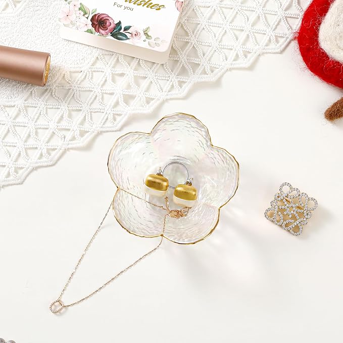 White Flower Jewelry Dish Glass Ring Dish Jewelry Tray Cute Vanity Organizer Room Decor Aesthetic Nightstand Bathroom Decor Trinket Dish Ring Holder Jewellery Tray Valentine's Birthday Gifts for Women